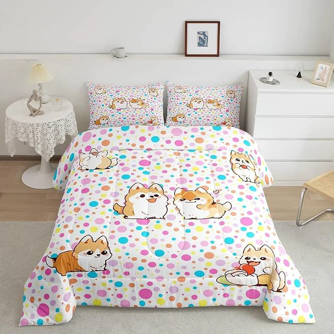 Comfortable Castle Fairy Kawaii Dogs Queen Size Comforter Set Colorful Polka Dots Down Comforter Adults Bedroom Decor Cartoon Puppies Cute Pet Theme Ultra Soft Microfiber Inner Fill 3Pcs Bedding Clean
