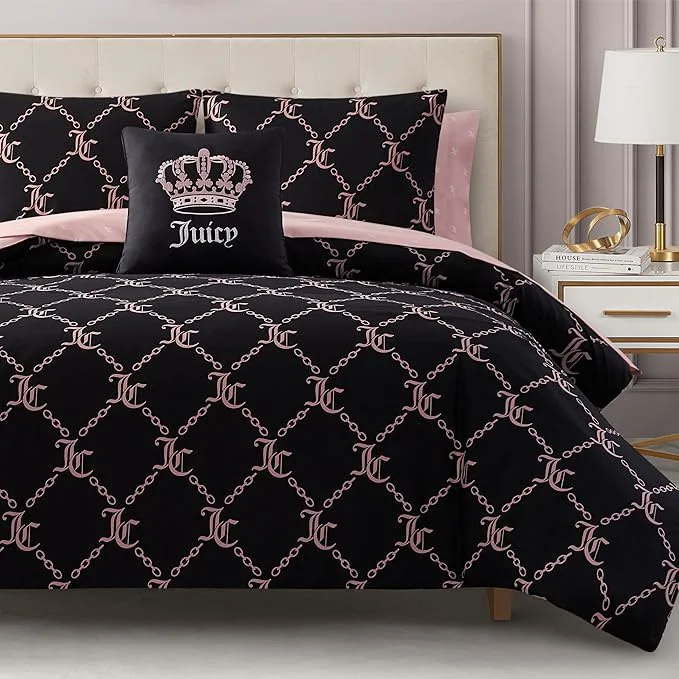 Top-Quality Juicy Couture Black Link Logo Printed Comforter Set Queen – Complete 8-Piece Bed in a Bag Collection Powerful