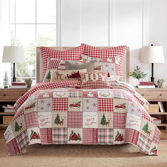 Smooth Levtex Home - Home for Christmas Quilt Set - Full Queen Holiday Quilt 88x92 and Two Standard Shams 20x26 - Green Red Taupe and Cream - Reversible - Cotton Polyester Outstanding