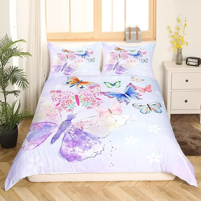 Optimized Purple Butterfly Bedding Set Kids Girls Butterflies Duvet Cover Set Daisy Flowers Comforter Cover Set Rustic Flying Animal Bedspread Cover Bedroom Quilt Cover King with 2 Pillowcase No Comforter Top-Quality