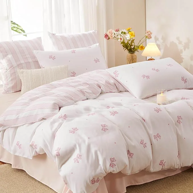 Trusted White Comforter Set Full Size - Pink Bow Quilt Bedding Set 3 Pieces Sripes Comforter Set Full Soft amp Lightweight Comforter 79 x 90 for Girl All Season amp 2 Pillowcases 30 x20 Healthy