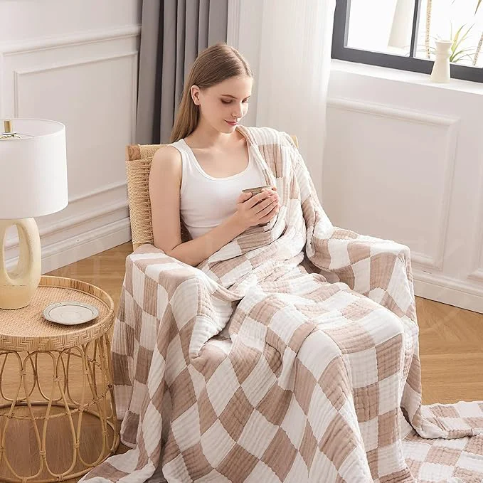Fashionable EMME Checkered Cotton Blanket Queen Size for Bed Soft Large Muslin Bed Blankets 80 quot x90 quot Lightweight Breathable Cooling All Season Gauze Light Tan Safe