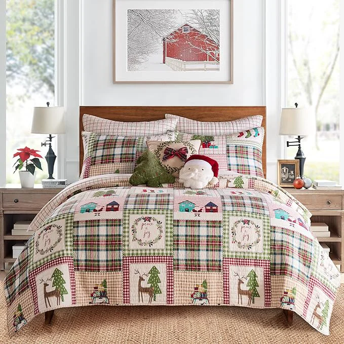 Relaxed Levtex Home - Home for Christmas Sage Quilt Set - Full Queen Quilt 88x92in. Two Shams 20x26in. - Patchwork Holiday - Red Green White - Reversible - Cotton Authentic