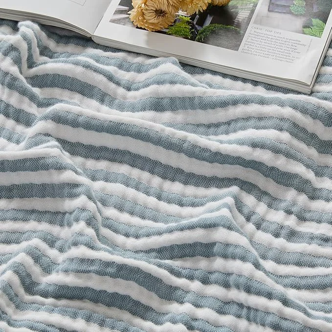 Innovative EMME Cotton Muslin Queen Blanket Bed Layering Bedspread Coverlet Breathable Gauze Soft Lightweight Adults Striped Teal 90 quot x90 quot Quality