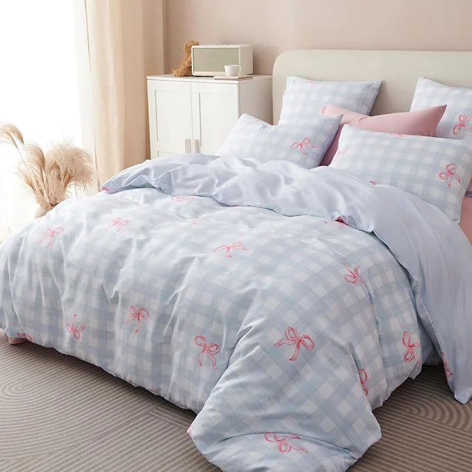 Exclusive Blue Plaid Queen Comforter Set - Pink Bow Comforter Set Queen Size Gingham Quilt Bedding Set 3 Pieces Soft amp Lightweight Comforter 90 x 90 for Girl amp 2 Pillowcases 30 x20 Premium