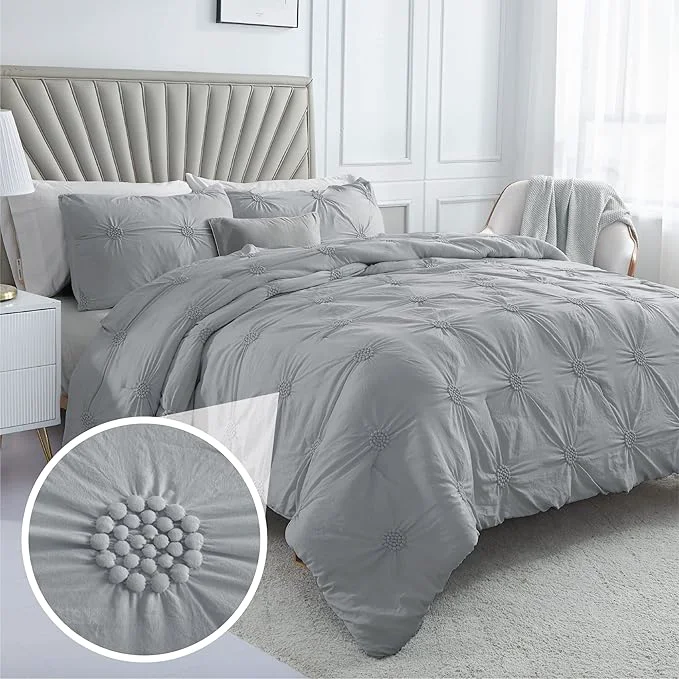 Proven Swift Home Full Queen Gray Comforter Set - Ruched 3D Floral Pintuck Bedding Set - 3 Pieces Bed Linen 1 Comforter and 2 Pillow Shams Fashionable