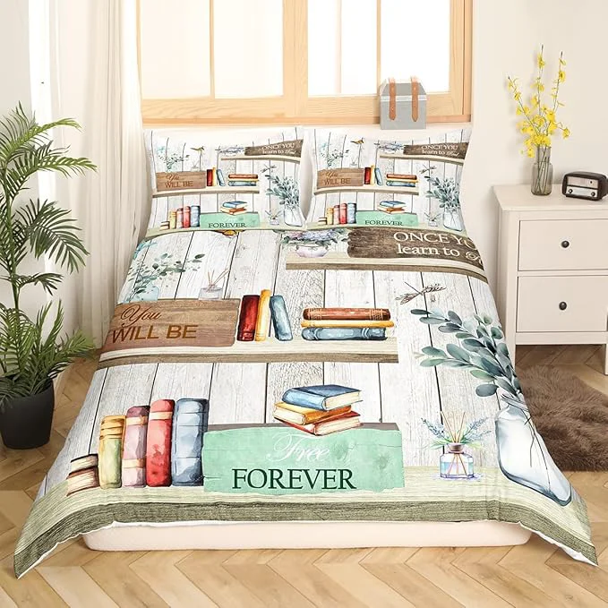 Artisan Watercolor Books Bedding Set Reading Time Girls Women Duvet Cover Set Rustic Farmhouse Style Comforter Cover Floral Leaves Bedspread Cover Bedroom Quilt Cover Twin with 1 Pillowcase No Comforter High-Quality