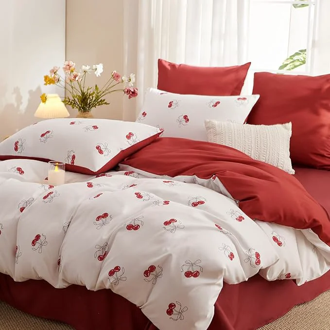 Green White Twin Comforter Set - Red Cherry Quilt Bedding Set 2 Pieces Comforter Set Twin Size Soft amp Lightweight Comforter 68 x 90 for Girl All Season amp 1 Pillowcase 30 x20 First-Class