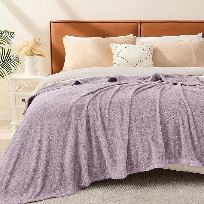 Detailed EMME Muslin and Fleece Queen Blanket Reversible - 80 quot 90 quot Lavender Soft Warm Throw Blankets for Couch Bed Picnic Travel Bed Refined