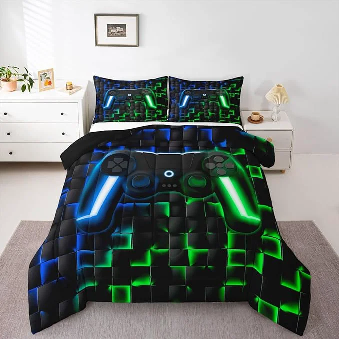Erosebridal Gamer Boys Queen Bedding Sets Gaming Comforter Set for Kids Teen Men 3D Neon Lights Ombre Geometric Checkered Gamepad Bed Comforter Set Soft Lightweight Quilt Duvet Green Indigo Blue Fashionable