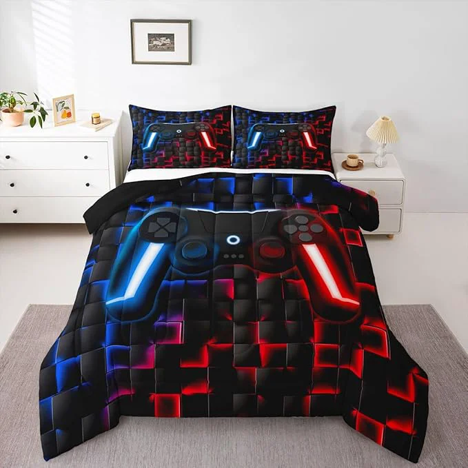Prestigious Erosebridal Kids Gaming Comforter Sets Boys Full Geometric Gamer Comforter Neon Lights Red Indigo Blue Game Console Teen Boy Bedding Set 3D Ombre Checkered Gamepad Decor Quilt Duvet for Game Room Versatile