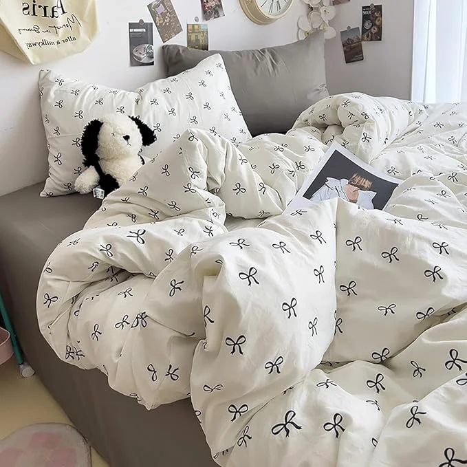 Expertly Made White Comforter Set Full Size Black Bow Quilt Bedding Set 3 Pieces Comforter Set Full Soft Lightweight Comforter 79 x 90 for Girl All Season amp 2 Pillowcases 30 x20 Functional