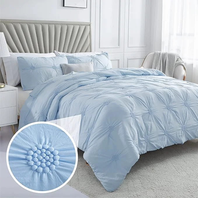 Functional Swift Home Twin Twin XL Baby Blue Comforter Set - Ruched 3D Floral Pintuck Bedding Set - 2 Pieces Bed Linen 1 Comforter and 1 Pillow Sham Breathable
