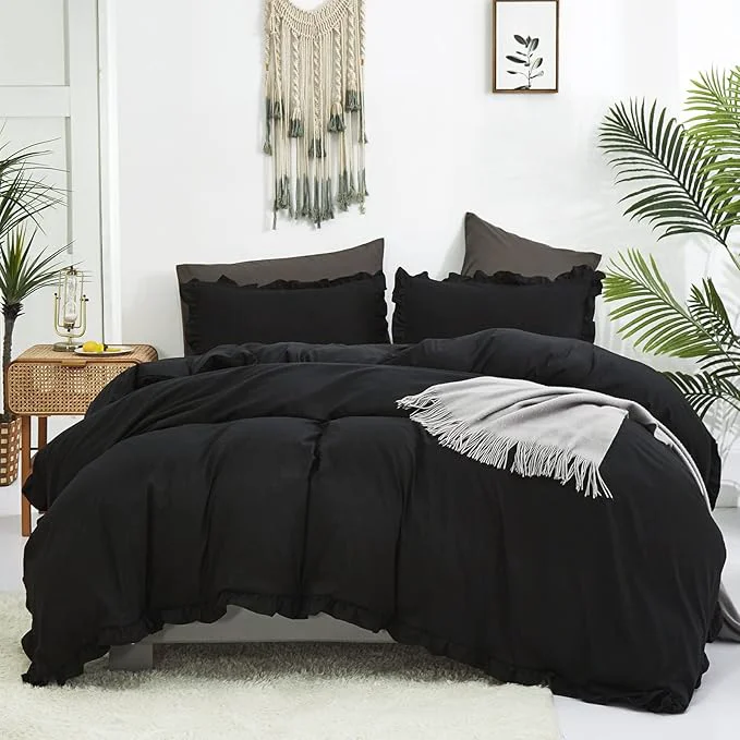 Innovative Luxlovery Black Ruffle Comforter Set Queen Farmhouse Shabby Khaki Bedding Comforter Set Full All Black Color Quilts Blankets Vintage Shabby Soft Breathable Boho Bedding Set for Queen Bed Women Men Optimized