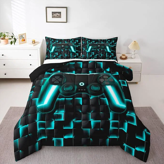 Easy-to-Use Erosebridal Gaming Bedding Set Full Comforter Set for Boys Kids Geometric Gamer Bedding Sets Teal Black Ombre Checkered Gamepad Quilt Duvet Neon Game Console Bed Cmforter Set 3 Pcs Practical