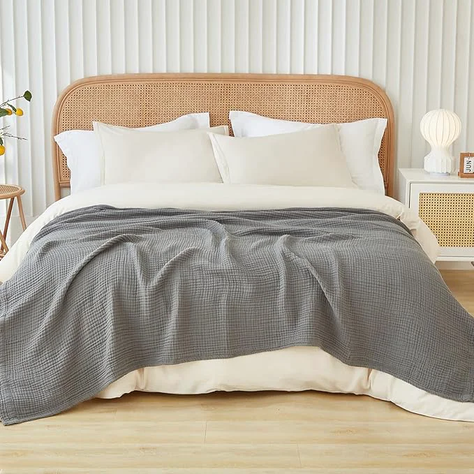 Artisan EMME Cotton Muslin King Blanket Big Oversized Bed Layering Bedspread Coverlet Breathable Gauze Soft Lightweight Blankets Grey 120 quot x94 quot Elite