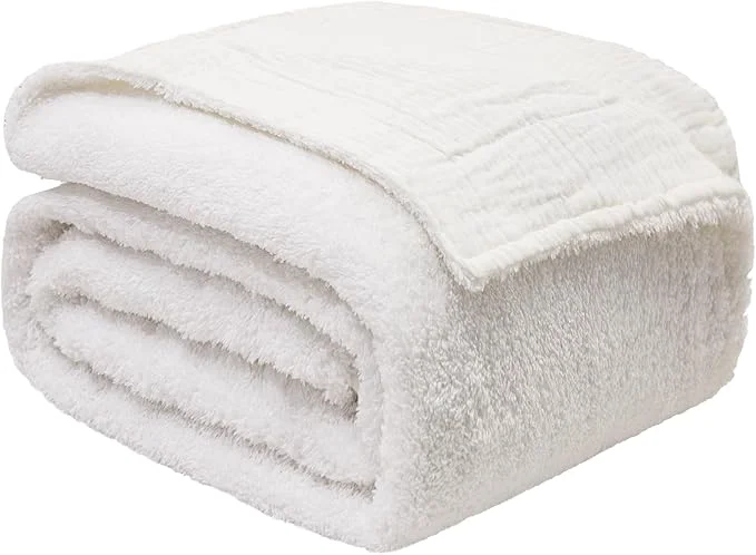 Excellent EMME White Throw Blanket Muslin and Fleece Blanket for Women Reversible - 50 quot 60 quot Soft amp Cozy Warm Lightweight Small Blankets for Couch Bed Picnic Travel Bed Fine Crafted
