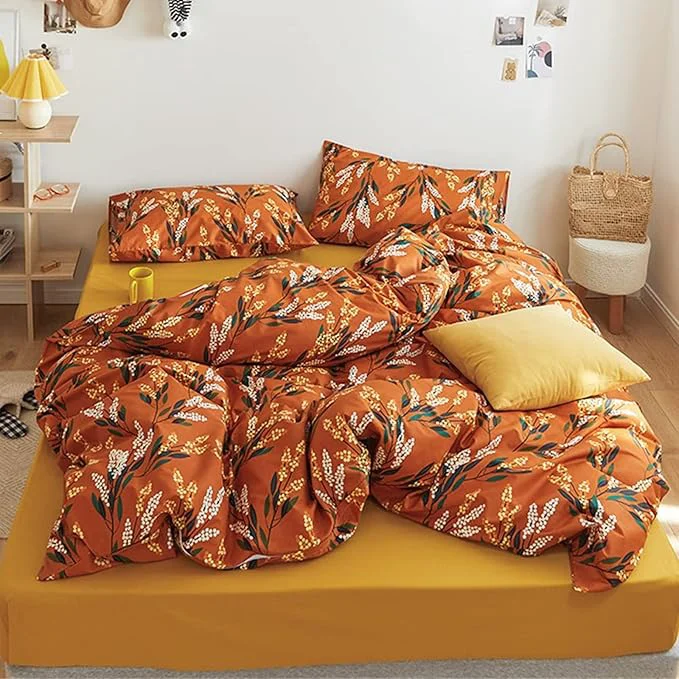 Detailed Luxlovery Botanical Floral Comforter Set Queen Orange Bohemian Bedding Comforter Set Women Girls Vintage Style Blanket Quilts Breathable Modern Rustic Leaves Bedding Set Hotel Quality Queen Comforter Specialty