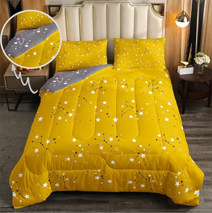 Versatile Erosebridal Stars Constellation Kids Bedding Yellow Grey Galaxy Space Twin Comforter Set for Boys Girls Moon Zodiac Print Bed Comforter Set Cartoon Style Quilt 2 Piece 1 Comforter 1 Pillowcase Long-Lasting