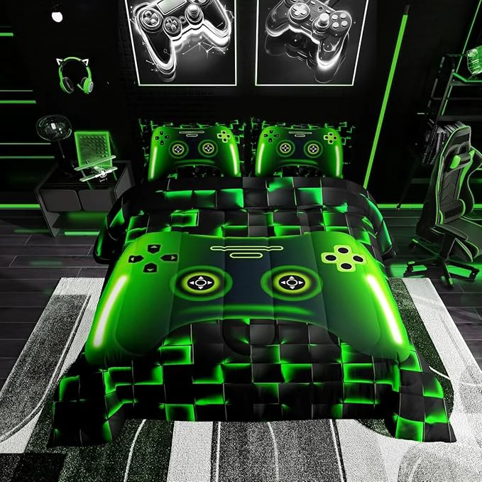 Trendy Erosebridal Queen Size Game Console Comforter Set for Boys Girls Kids Gamer Bedding 3D Gaming Geometric Check Lightweight Soft Bedding Sets Neon Green Gamepad Bed Comforter Black High-Quality