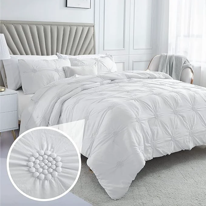 Contemporary Swift Home Full Queen White Comforter Set - Ruched 3D Floral Pintuck Bedding Set - 3 Pieces Bed Linen 1 Comforter and 2 Pillow Shams Next-Generation