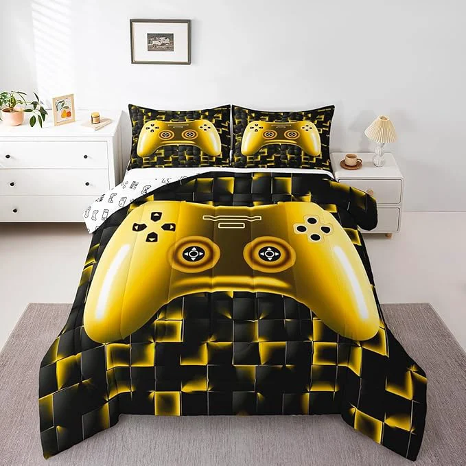 Erosebridal Kids Gamer Bedding Sets for Boys Queen Gaming Comforter Set Black Gold Geometric Game Console Grids Comforter for Teen Youth Men Video Game Bed Set Soft Lightweight for All Season First-Class