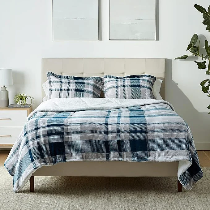 Smart Amazon Basics 3-Piece Ultra-Soft Micromink Sherpa Bedding Set Warm All Season Comforter Full Queen Navy Plaid Unique