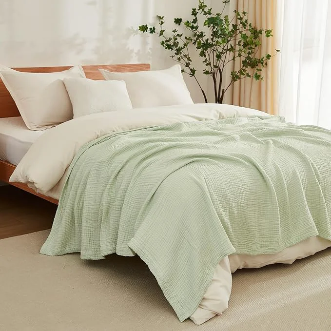 Classic EMME Cotton Blanket Queen Size for Bed Soft Large Muslin Bed Blankets 90 quot x90 quot Lightweight Breathable All Season Gauze Blanket Mint Green