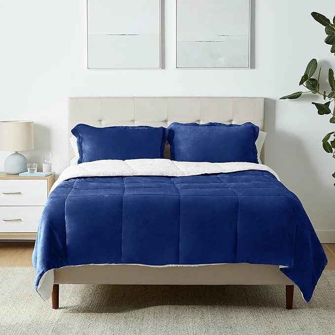 Top-Quality Amazon Basics 3-Piece Ultra-Soft Micromink Sherpa Comforter Bedding Set Warm All Season Machine Washable Full Queen Navy Blue Fast