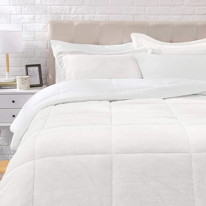 Carefully Designed Amazon Basics 3 Piece Bedding Set Micromink Sherpa Ultra-Soft Warm All Season Comforter King Cream Solid User-Friendly