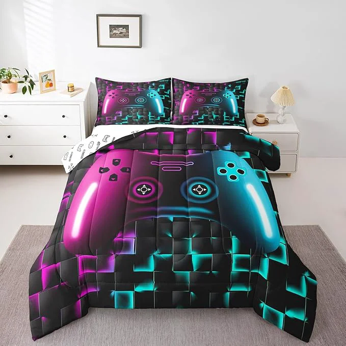 User-Friendly Erosebridal Gamer Bedding Sets for Boys King Size Comforter Sets for Boys Girls Kids 3D Gaming Geometric Comforter Game Console Lightweight Microfiber Duvet Quilt Neon Purple Teal Black Glowing Prestigious