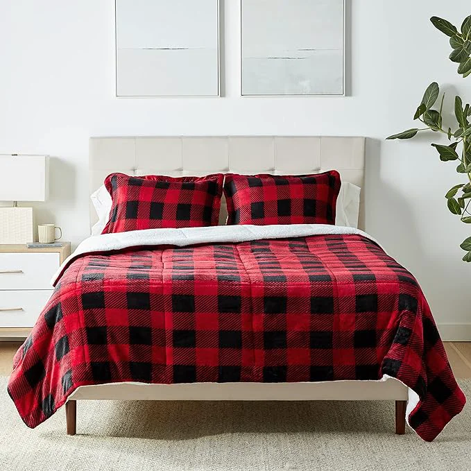Elite Basics 3-Piece Ultra-Soft Micromink Sherpa Bedding Set Warm All Season Comforter Full Queen Red Buffalo Plaid Fast