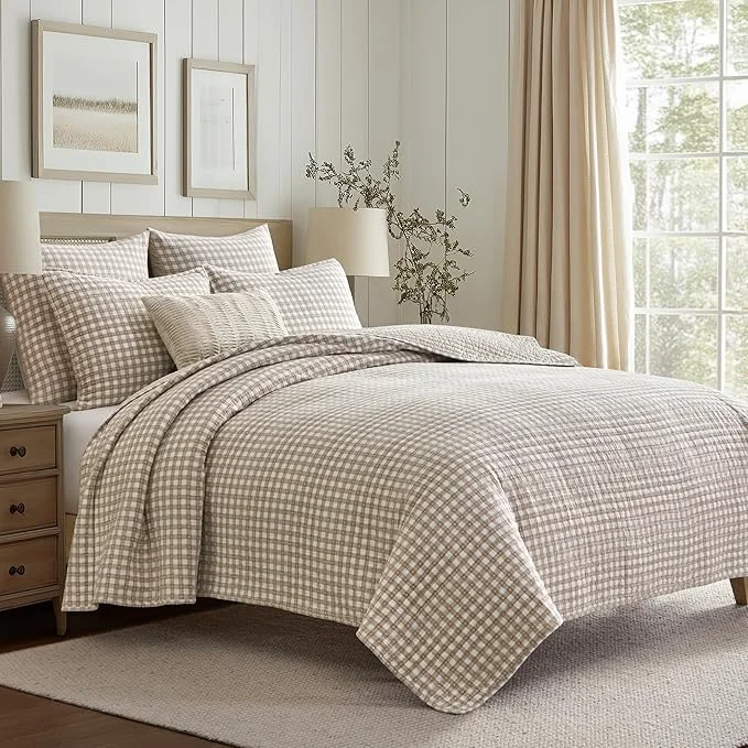 Superior Levtex Home - Camden Gingham Stitch Taupe Quilt Set - Twin Quilt 68x86in and 1 Standard Sham 20x26in - Textured Gingham - Taupe and Cream - Reversible - Cotton Textured Organic