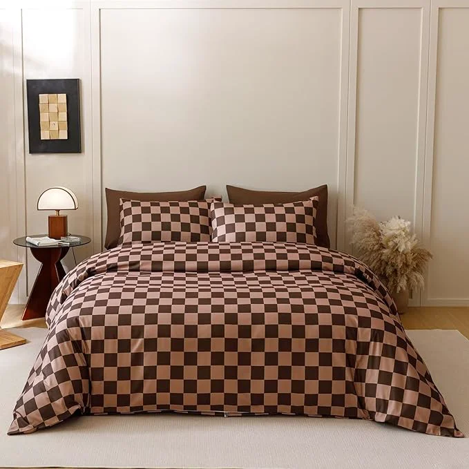 Clean Luxlovery Brown Plaid Comforter Set Queen Coffee Grid Bedding Comforter Set Women Men Queen Size Soft Breathable Blanket Quilts Dark Brown Geometric 3pcs Bedding Set for Full Bed Professional
