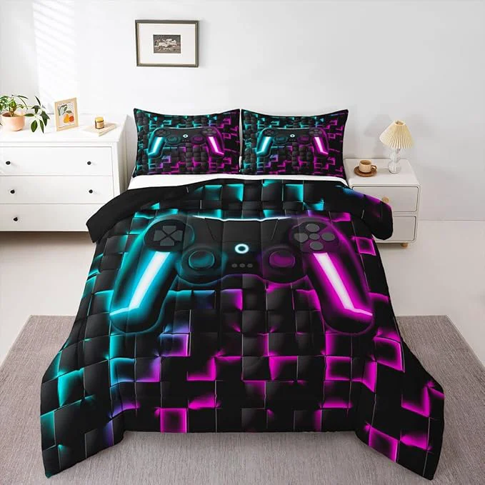 Original Erosebridal Boys Gamer Comforter Set Gaming King Size Bedding Sets for Kids Boys Teen Men Neon Lights Ombre Checkered Video Games Bed Comforter Set 3D Geometric Game Console Quilt Blue Purple Prestigious