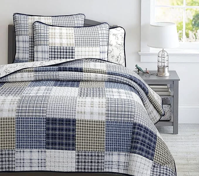 Efficient Cozy Line Home Fashions Benjamin Cute Dinosaur Plaid Navy Blue White Grey Bedding Quilt Set Cotton Reversible Coverlet Bedspread Set for Kids Boy King - 3 Piece Sustainable