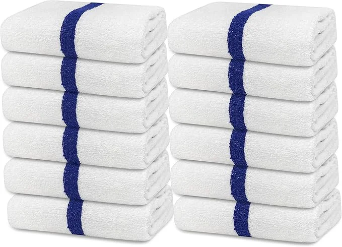 Traditional Avalon Towels Cotton Pool Towels White Beach Towels Blue Stripe Pack of 12 Quality