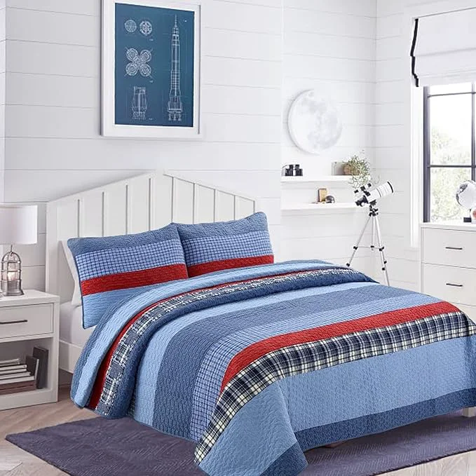 Reusable Cozy Line Home Fashions Sailor Navy Striped Cotton Reversible Bedding Quilt Set Coverlet Bedspread for Boys Kids Navy Red Queen - 3 Piece Green