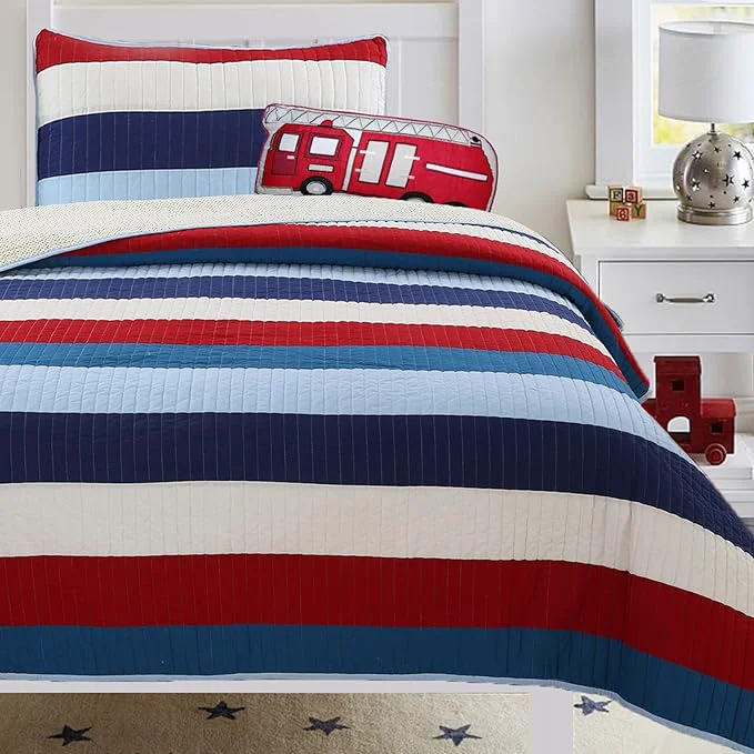 Certified Cozy Line Home Fashions Aaron Bedding Quilt Set Nautical Navy Blue Red Off-White Striped Cotton Reversible Coverlet Bedspread Bedding Set National Stripe Twin - 2 Piece Exceptional