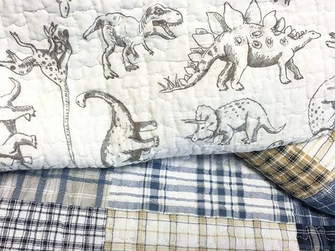 Comfortable Cozy Line Home Fashions Benjamin Cute Dinosaur Plaid Navy Blue White Grey Bedding Quilt Set Cotton Reversible Coverlet Bedspread Set for Kids Boy Twin - 2 Piece Trusted