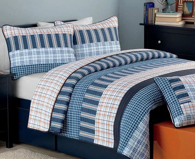 Flexible Cozy Line Home Fashions Bennett Quilt Bedding Set Navy Orange Grid Striped Cotton Reversible Coverlet Bedspread Navy Orange Queen - 3 Piece Clean
