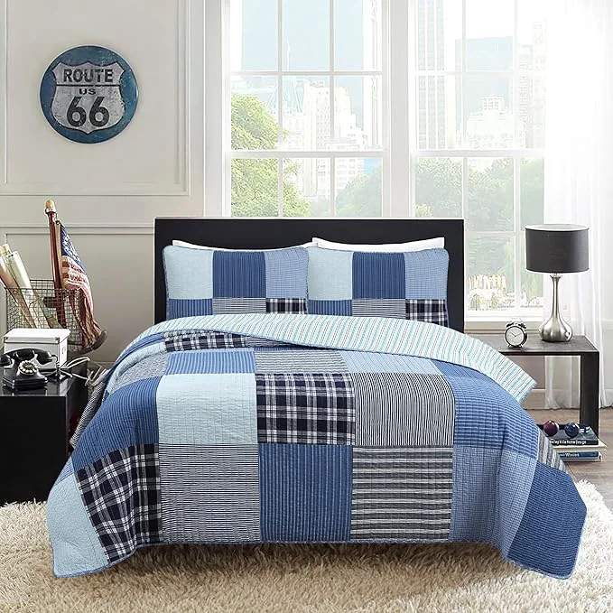 Innovative Cozy Line Home Fashions Plaid Patchwork Bedding Quilt Set Navy Blue Cotton Reversible Coverlet Bedspread for Kids Teen Boy Craver Queen - 3 Piece Elite
