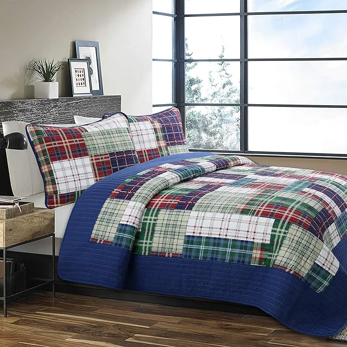 High-Performance Cozy Line Home Fashions Nate Patchwork Quilt Set Green Red Navy White Cotton Reversible Coverlet Bedspread for Boy Nate Patchwork Queen - 3 Piece