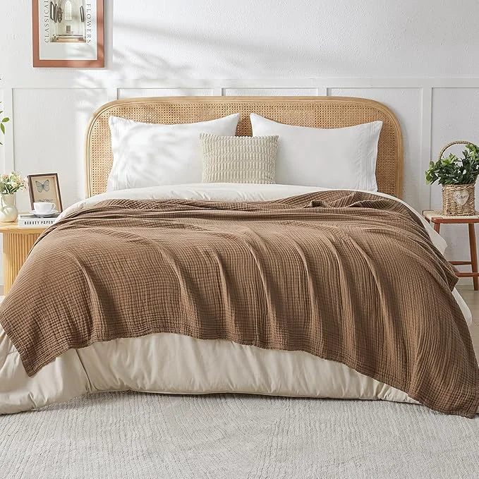 Green EMME Cotton Muslin Queen Blanket Bed Layering Breathable Gauze Blanket Soft Lightweight Blankets Adults Brown 90 quot x90 quot Fashionable