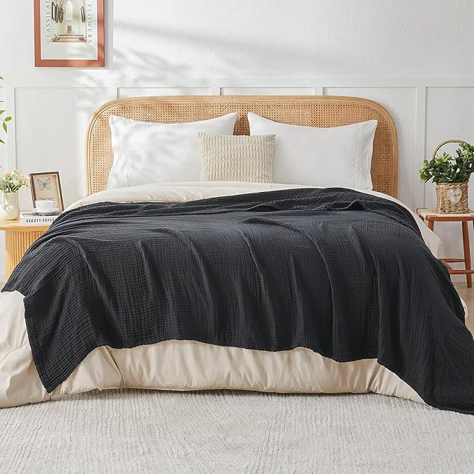 Superior EMME Cotton Muslin Queen Blanket Bed Layering Breathable Gauze Blanket Soft Lightweight Blankets Adults Black 90 quot x90 quot Recyclable