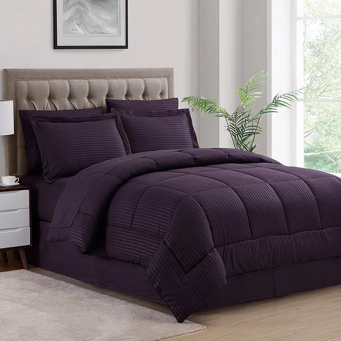Sophisticated King Size Comforter Set 8 Piece Bed in a Bag with Bed Skirt Fitted Sheet Flat Sheet 2 Pillowcases 2 Pillow Shams King Dobby Purple Unique
