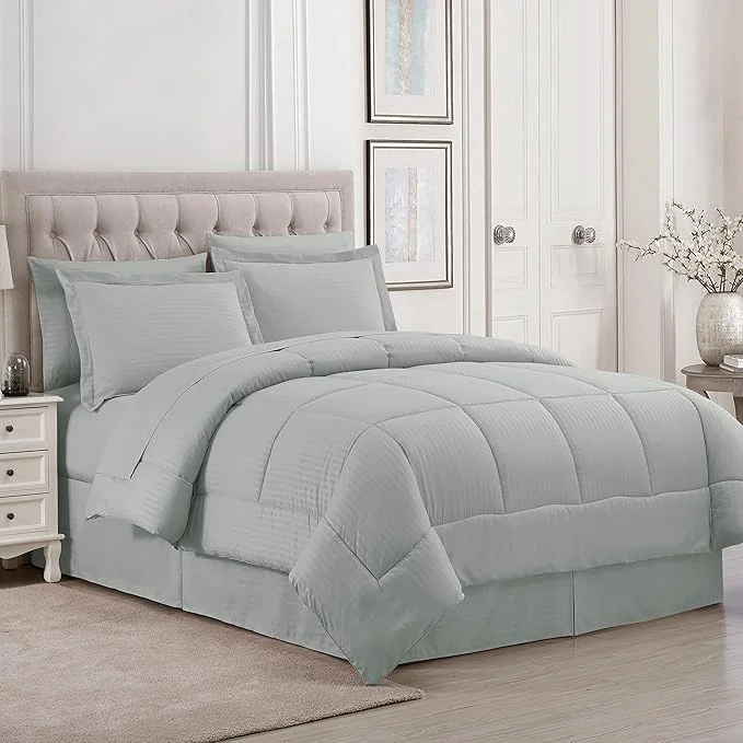 Minimalist King Size Comforter Set 8 Piece Bed in a Bag with Bed Skirt Fitted Sheet Flat Sheet 2 Pillowcases 2 Pillow Shams King Dobby Silver Safe