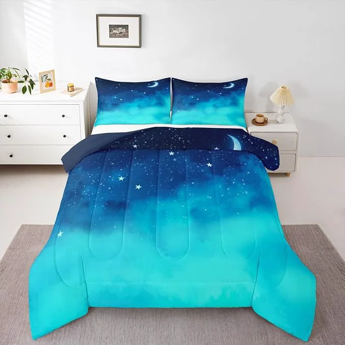 Top-Quality Aesthetic Bedding Set Queen 3 Piece Star Moon Galaxy Comforter Set for Kids Kawaii Bed Set Star Space Down Comforter Soft Reversible Starry Sky Duvet Insert with 2 Pillow Shams Navy Blue Gradient Proven