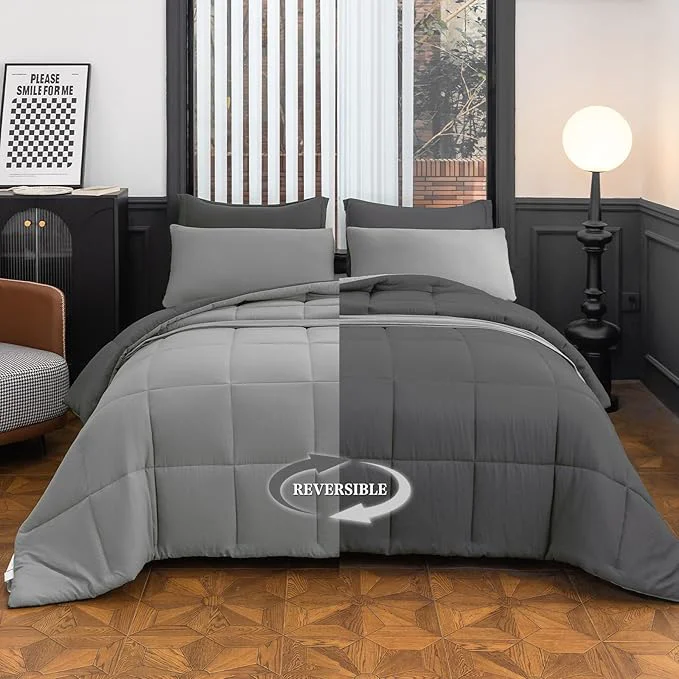 Long-Lasting King Size Comforter Set - 8-Piece Gray Bedding with Breathable Reversible Down Lightweight Comforter Bed Skirt Flat Sheets Pillowcases amp Pillow Shams