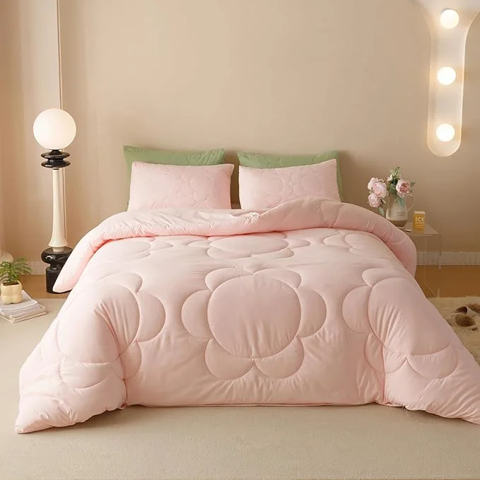 Premium Material Luxlovery Pink Sunflower Comforter Set Twin Light Pink Floral Quilts Blush Pink Bedding Comforter Set Boho Farmhouse Plain Color Soft Breathable Cozy Comforter Authentic
